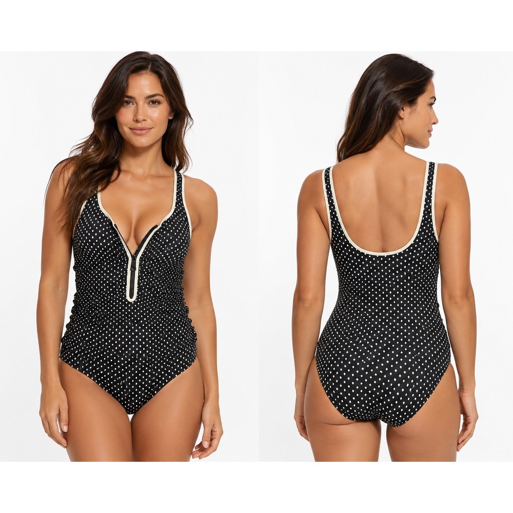 Reebok Polka Dot One Piece Swimsuit Womens 10 Ruched Front Zip Tummy Control